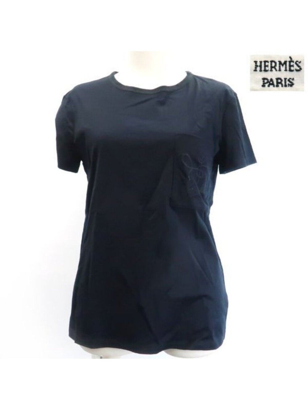 Hermes T-Shirt Embroidery Pocket Navy Tassel Rope Design 34